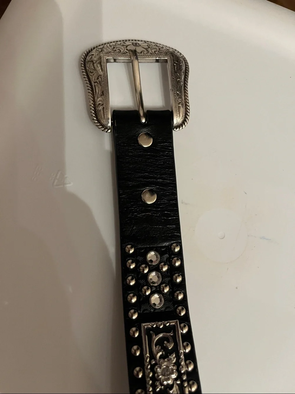 Studded Black Western Leather Belt with Ornate Silver Buckle Size 22